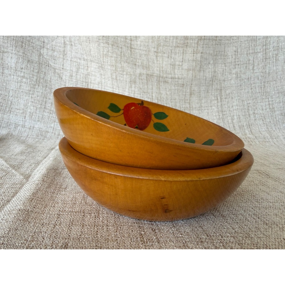 Vermont Wood Specialties Wooden Bowls Set 2 Brown Good Hand Painted Apple Fruit